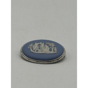Vintage Wedgwood Blue Jasperware Cameo Brooch 1970 England Oval